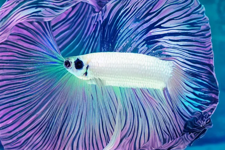 Image similar to a swirling iridescent white betta fish with long swirling fins, black-water-background