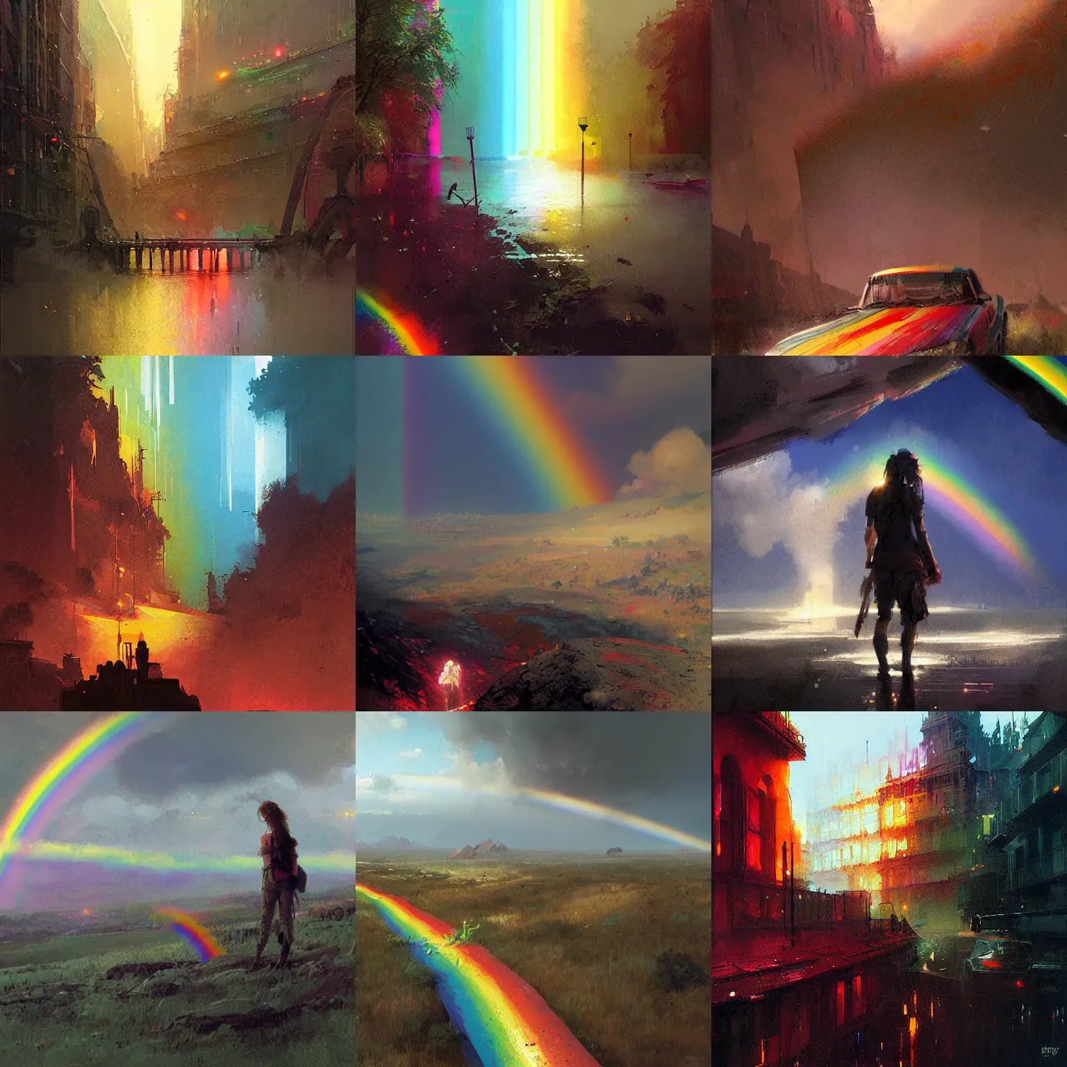 Prompt: rainbow by greg rutkowski and james gurney.