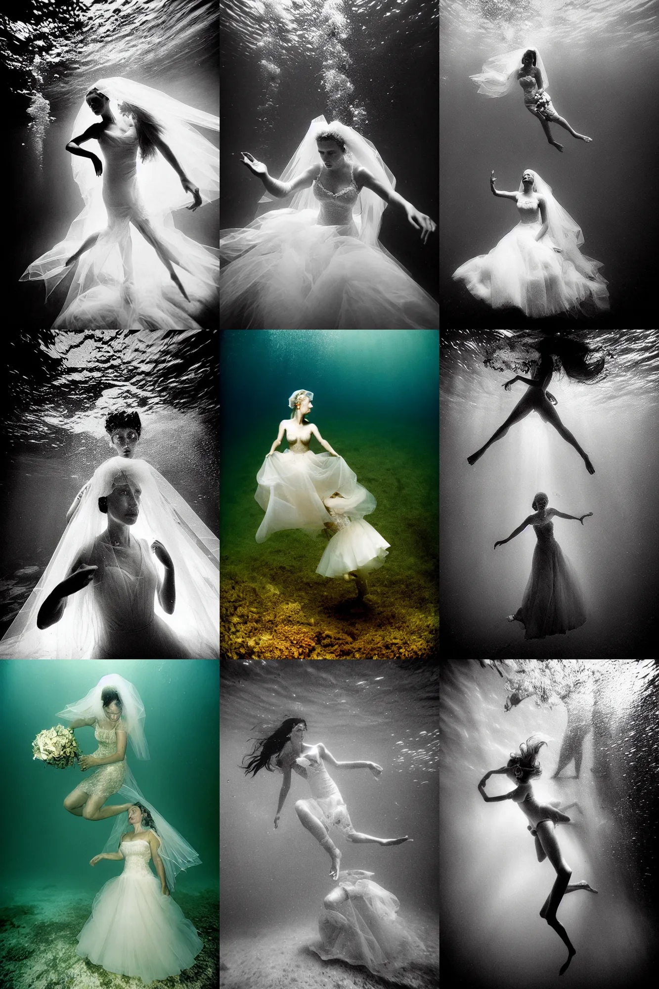 Prompt: Underwater photo of a beautiful medieval bride by Trent Parke, dynamic, clean, detailed