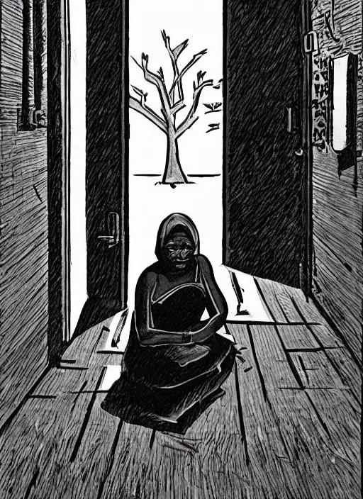 Prompt: In a black room, a dark-skinned woman sits, a door in the room is open, and it leads to the street, in which you can see a path