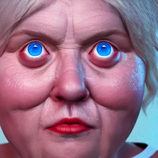 Prompt: 3 d hyper realistic cinematic scene of a sweet fat old woman kissing herself. window. symmetrical face, red mouth, blue eyes. deep focus, lovely scene. ambient occlusion render. concept art. unreal engine.