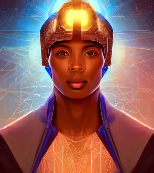 Image similar to symmetry!! egyptian prince of technology, solid cube of light, hard edges, product render retro - futuristic poster scifi, lasers and neon circuits, brown skin man egyptian prince, intricate, elegant, highly detailed, digital painting, artstation, concept art, smooth, sharp focus, illustration, dreamlike, art by artgerm