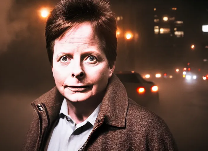 Image similar to film footage of giant michael j. fox in a foggy city, eerie, monster movie, 8 k, 8 5 mm f 1. 8, studio lighting, rim light, right side key light