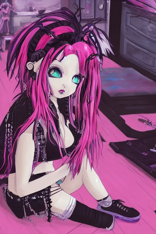 Prompt: goth chibi anime girl with pink dreads sitting on the floor of a cluttered 9 0 s bedroom, vaporwave colors, lo - fi, concept art, smooth, detailed, 4 k, hd,