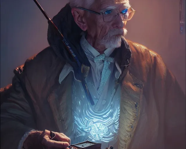 Image similar to old man with cyberpunk walking stick, deep focus, d & d, fantasy, intricate, elegant, highly detailed, digital painting, artstation, concept art, matte, sharp focus, illustration, hearthstone, art by artgerm and greg rutkowski and alphonse mucha