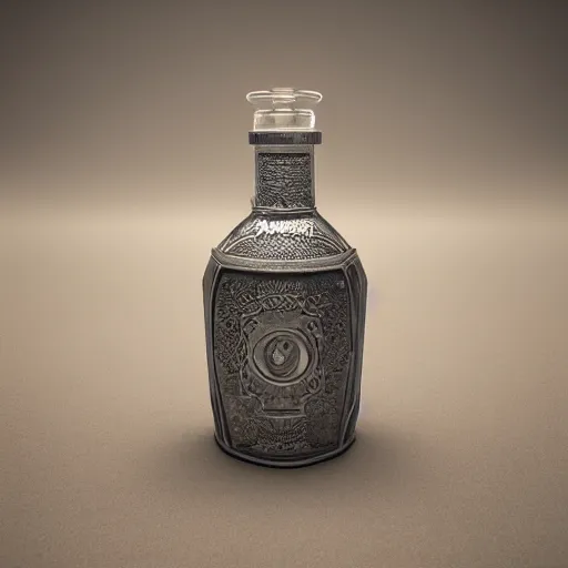 Image similar to transparent ancient magical potion flask engraved stallion, raytracing, caustics, 3d rendering, unreal engine, iray, vray, keyshot