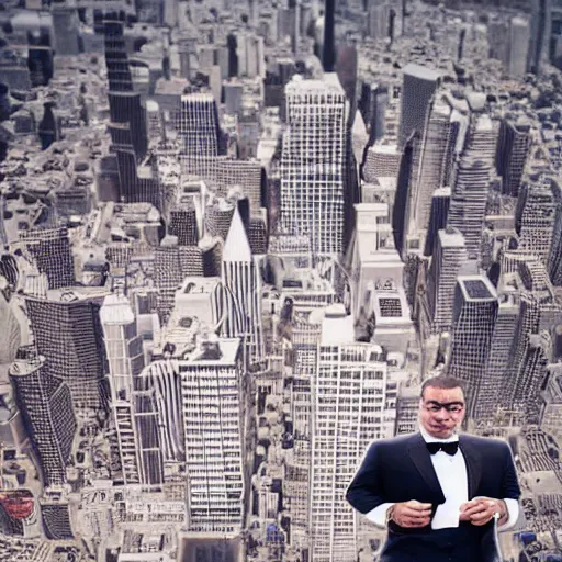 Image similar to a giant caucasian man dressed very elegantly standing on a miniature city