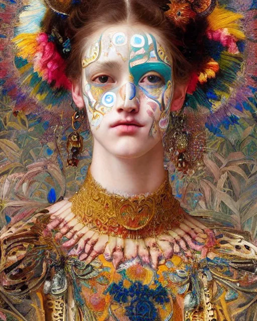 Image similar to a beautiful girl wearing colourful face paint surrounded by bright intricate patterns, by edgar maxence and caravaggio and michael whelan, intricate painting, hyper realistic, extremely detailed and beautiful aesthetic face, 8 k resolution