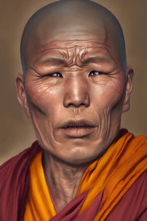 Image similar to Tibetan monk, portrait, poor, intricate, elegant, volumetric lighting, scenery, digital painting, highly detailed, artstation, sharp focus, illustration, concept art,ruan jia, steve mccurry