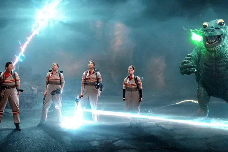 Prompt: film still of the ghostbusters capturing godzilla in the new ghostbusters king of the monsters movie