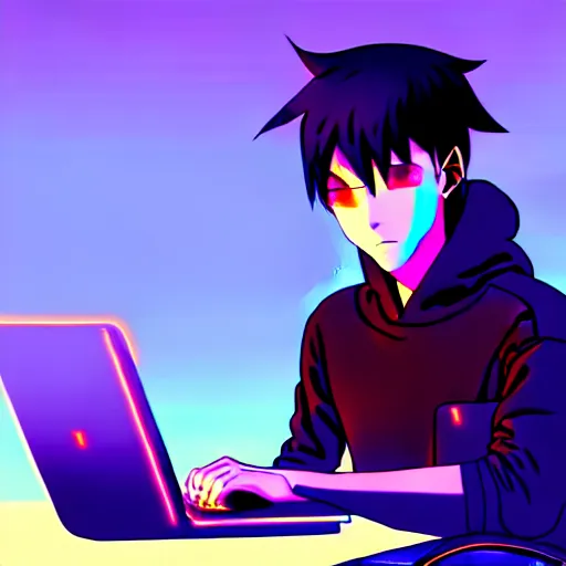 Image similar to a cyberpunk teenager boy with a black hoodie sitting behind his laptop and programming, digital art, anime style, trending on Artstation