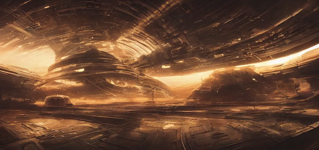 Prompt: realistic cinematic sci - fi mothership interior or exteror - machinery, tubes wires path intricate matte painting masterpiece warm tones quiet