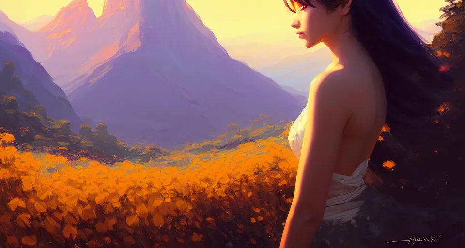 Image similar to angel, a single flower with a few petals behind a beautiful mountain landscape, night setting. realistic shaded lighting poster by ilya kuvshinov katsuhiro, magali villeneuve, artgerm, jeremy lipkin and michael garmash, rob rey and kentaro miura style, trending on art station