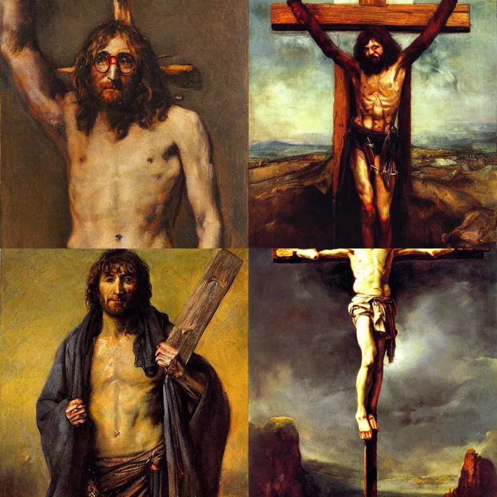 Prompt: portrait of john lennon crucified, oil painting by jan matejko