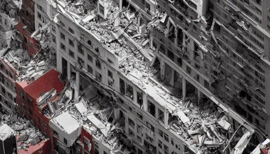 Prompt: Cinematic view of buildings collapsing on people in New York City during an earthquake, hyperdetailed, artstation, cgsociety, 8k