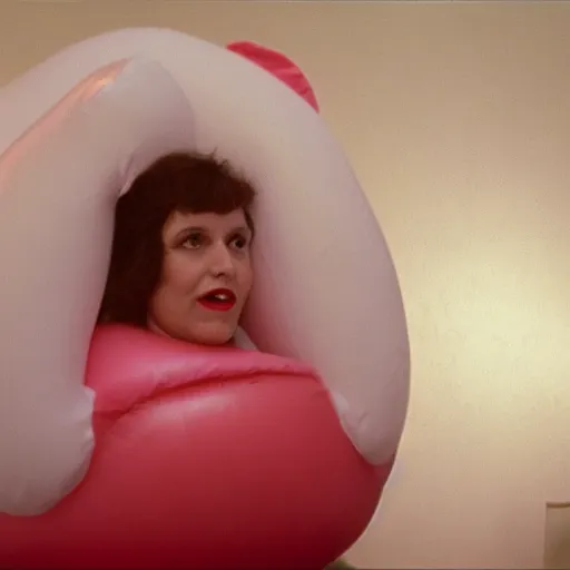 Image similar to still from a 1980 arthouse film about a depressed housewife dressed as a squishy inflatable toy who meets a handsome younger man in a seedy motel room, color film, 16mm soft light, art on the wall