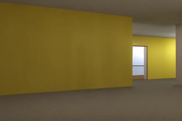 Image similar to 3 d render of jerma 9 8 5, jerma in endless halls of empty office space with worn light mono - yellow 7 0 s wallpaper, old moist carpet, and inconsistently - placed fluorescent lighting | liminal space | non - euclidean space | high octane | blender | 3 d render