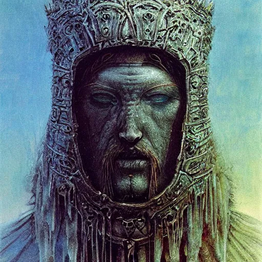 Image similar to ice lord, wearing icy ornamented armor, wearing ice royal crown war helm, beksinski