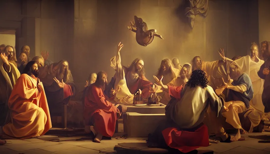 Prompt: Baroque painting representing Jesus Christ presenting a Big Mac to the apostles, hyperdetailed, artstation, cgsociety, 8k