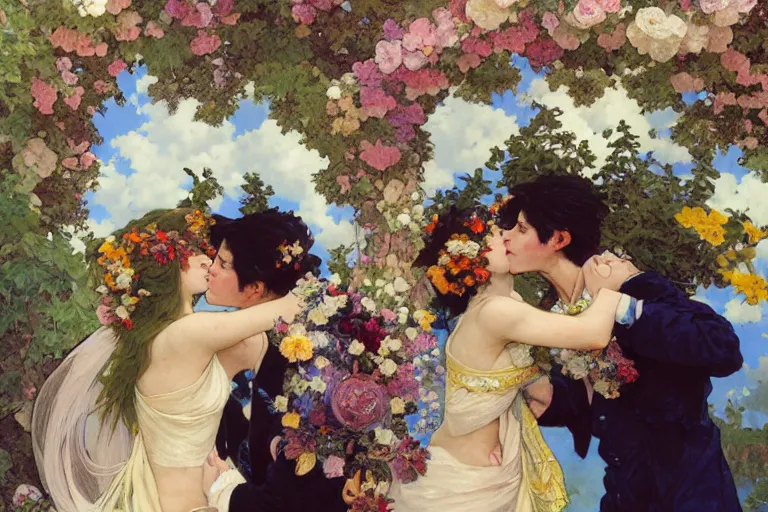 Image similar to the groom kisses the bride at a wedding full of flowers, bright and happy, dreamlike art, highly detail, 4 k realistic, wedding photoy krenz cushart. artem demura. alphonse mucha. yoji shinkawa artgerm. jon lothian. danilo torres. adi meyers. thomas reimann. gaston bussiere.