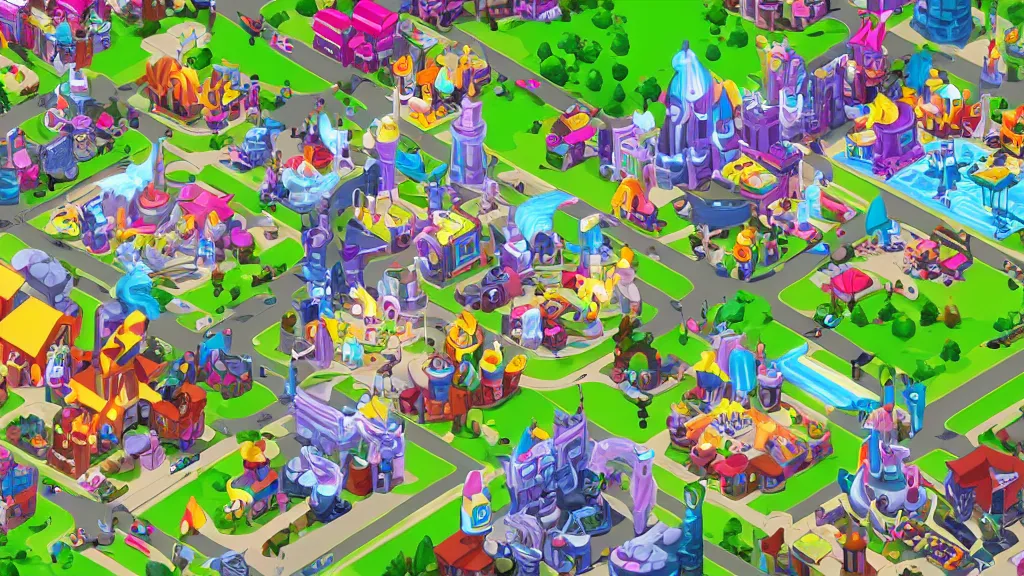 Prompt: Isometric view of bustling Manehattan, screenshot from Hasbro\'s newest mobile game based on My Little Pony: Friendship is Magic