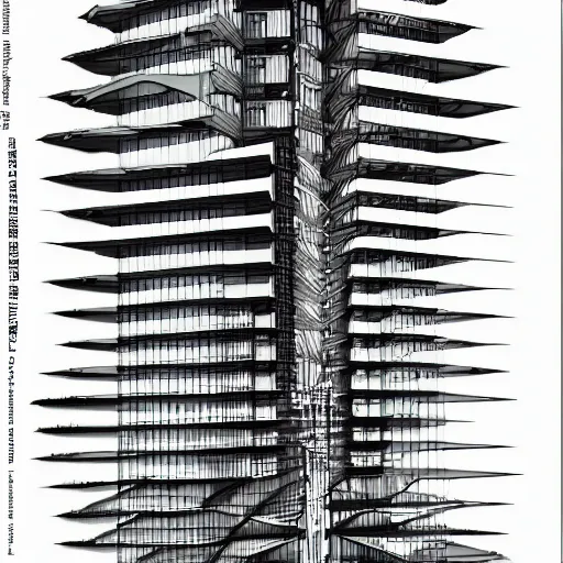 Prompt: detailed architectural sketch cross - section perpsective, exploded view of a pop - art skyscraper with a beautiful woman standing at the entrance, incredibly detailed, high fidelity, voronoi, dynamic architecture, beautiful. artstation