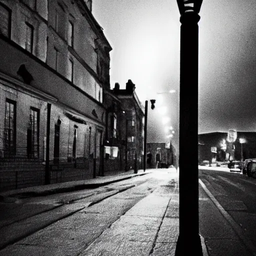 Image similar to A dark street with streetlights lighting it, a monster seems to be watching you from the darkness