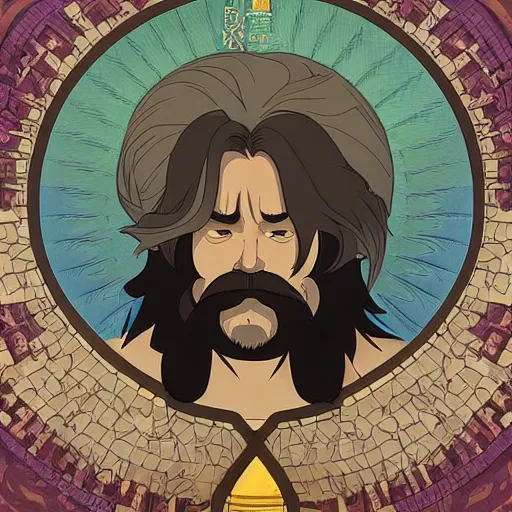 Image similar to a middle - aged man with bulk muscles and black hair consists of an unruly, mostly swept - back mane and waist - length fu manchu mustache and spiked goatee, path traced, highly detailed, high quality, digital painting, by studio ghibli and alphonse mucha, leesha hannigan, hidari, disney