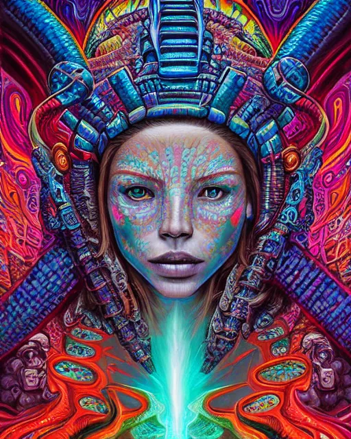 Prompt: a portrait of a mayan quetzalcoatl goddess with a lazer shining into the top of her head, pieces expanding from impact aquamarine and red, by android jones, by ben ridgeway, by ross draws, by Noah Bradley, by Maciej Kuciara + illustrative + visionary art + low angle + oil painting + Visionary art, DMT, psychedelic, The god particle, utopia profile, artgerm, featured in artstation, elegant, Moebius, Greg rutkowski