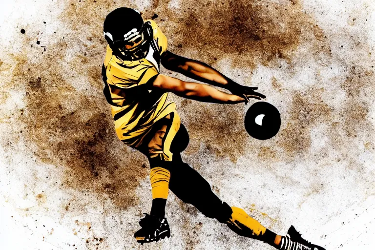 Prompt: beautiful serene foorball player, healing through motion, life, minimalistic golden and ink airbrush painting on white background