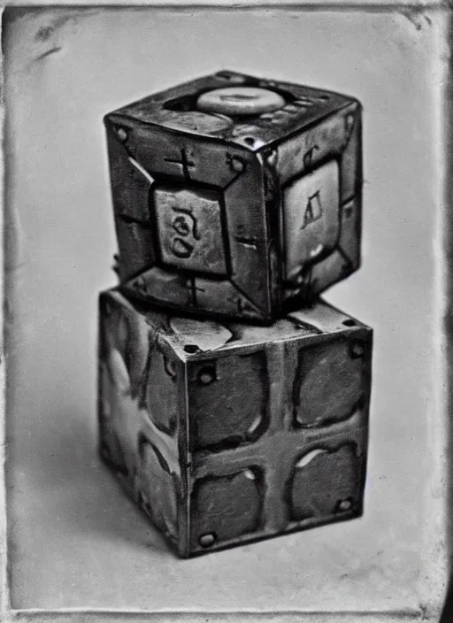 Image similar to 1 8 8 5 photo of a riveted companion cube from portal 2, daguerrotype, high quality