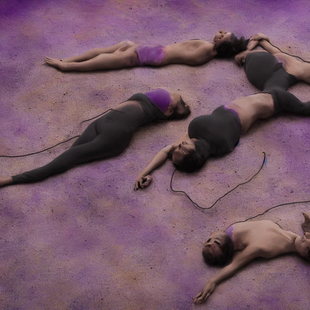 Image similar to close - up view of iridiscent oil spill in desert sand tempest with women corpses connected by cables and computers to wax forms to a buried baby relaxing on yoga mat, faded, purple gradient, dust, purple fog, depth of field, by werner herzog, hans bellmer and nadav kander, 8 k, sad atmosphere, cinematic