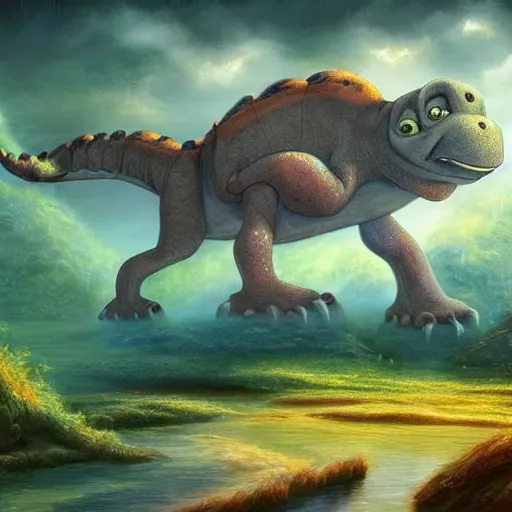 Prompt: the land before time, artstation hall of fame gallery, editors choice, # 1 digital painting of all time, most beautiful image ever created, emotionally evocative, greatest art ever made, lifetime achievement magnum opus masterpiece, the most amazing breathtaking image with the deepest message ever painted, a thing of beauty beyond imagination or words