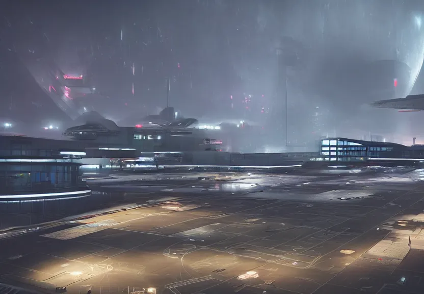 Prompt: a high contrast minimalist scifi exterior rectilinear brutalist futuristic spaceport airport with neon lights, control towers, aircraft carrier towers, ilm, beeple, star citizen halo, mass effect, bladerunner, elysium, HDR lighting
