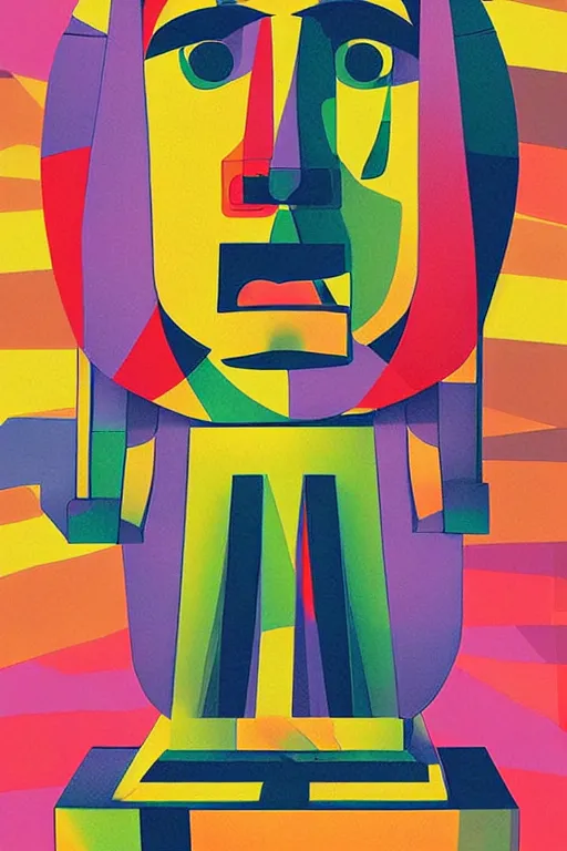 Image similar to cubist moai statue cutout digital illustration cartoon colorful beeple