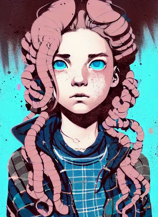 Prompt: highly detailed portrait of a sewer punk young woman, blue eyes, tartan hoody, ringlet hair by atey ghailan, by greg rutkowski, by greg tocchini, by james gilleard, by joe fenton, by kaethe butcher, gradient pink, brown, light blue and white color scheme, grunge aesthetic!!! ( ( graffiti tag wall background ) )