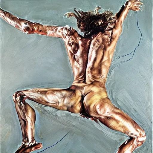 Prompt: high quality high detail painting by lucian freud and jenny saville, hd, jumping, turquoise