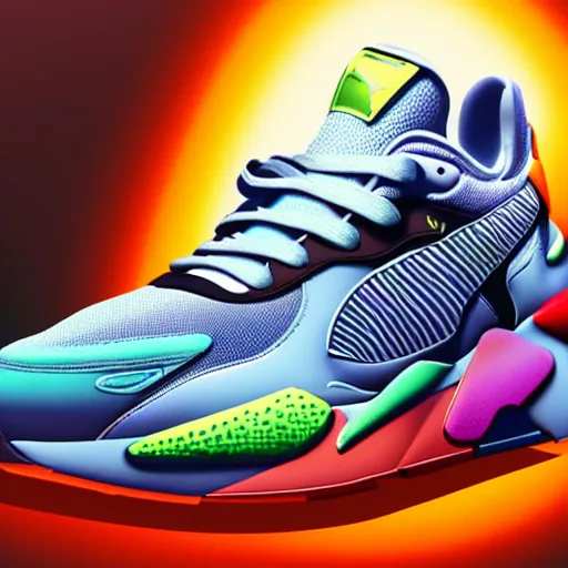 Image similar to puma rs - x sneakers, james jean style, vfx art, unreal engine render, claymation style, colourful, volumetric light, digital painting, digital illustration, dramatic light,