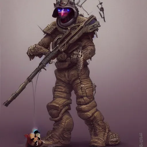 Image similar to anthropomorphic shiba inu, holding sniper riffle skullknight, standing, cementary, scifi, 3 d render, masterpiece, red aura, by donato giancola and greg rutkowski and wayne barlow and zdzisław beksinski, realistic face