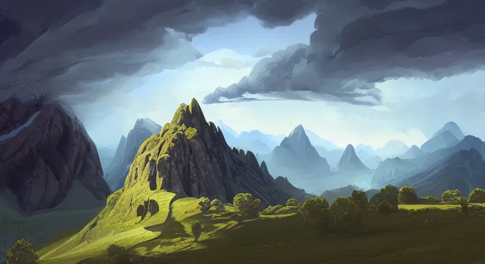 Image similar to mountain landscape without people, high trees, top of the hill, above low layered clouds, deep focus, fantasy, intricate, elegant, highly detailed, digital painting, artstation, concept art, matte, sharp focus, illustration, hearthstone, art by rhads and artgerm and greg rutkowski and alphonse mucha. gediminas pranckevicius