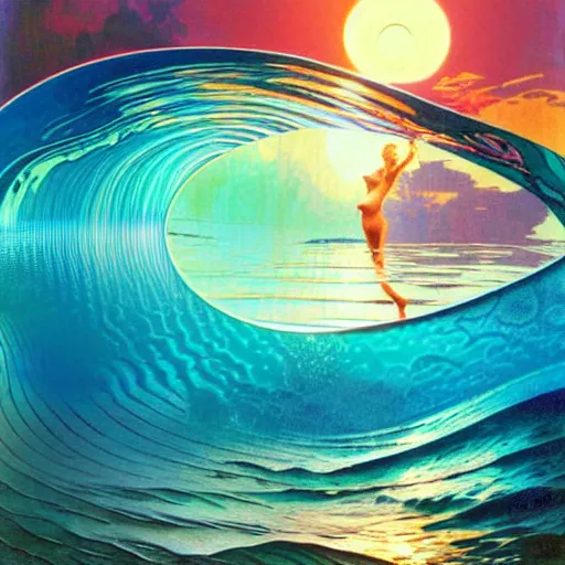 Prompt: ocean wave around giant psychedelic orchid, lsd water, dmt waves, backlit, sunset, refracted lighting, art by collier, albert aublet, krenz cushart, artem demura, alphonse mucha