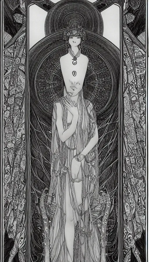 Prompt: yoon young as the high priestess, tarot design, by mucha, black and white graphite drawing, smooth render