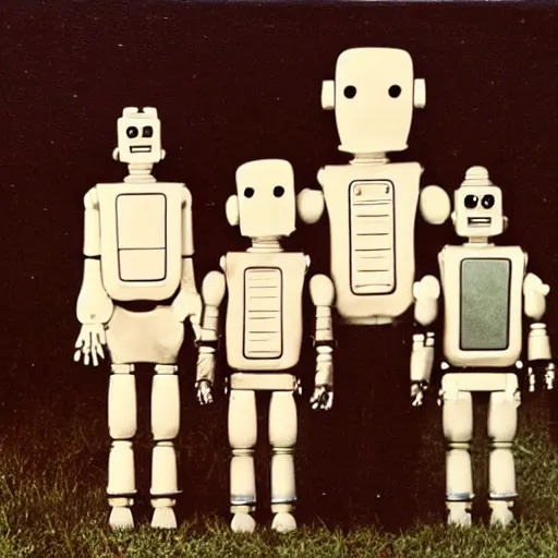 Image similar to the most creepy family photo of robots