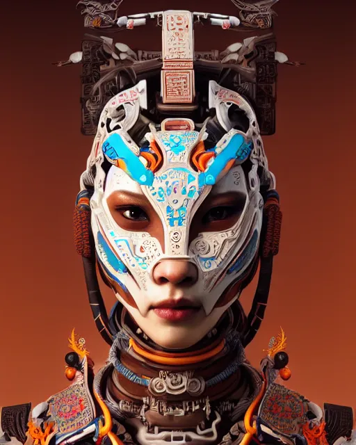 Image similar to portrait of a machine from horizon zero dawn, machine face, upper body, decorated with chinese opera motifs, asian, traditional chinese art, intricate, elegant, highly detailed, digital painting, artstation, concept art, smooth, sharp focus, illustration, art by artgerm and greg rutkowski and alphonse mucha, 8 k