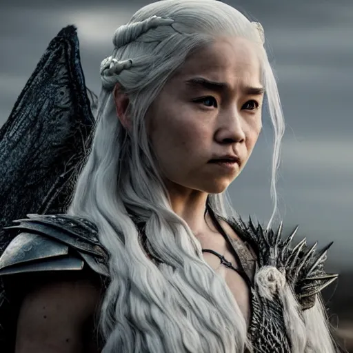 Image similar to justin sun as daenerys game of thrones, 4 k, epic, cinematic, focus, movie still, fantasy, serious, extreme detail, atmospheric, dark colour, sharp focus