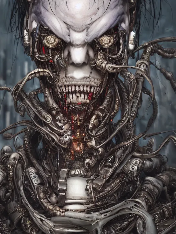 Image similar to portrait art of 8k ultra realistic undead eldritch horror ghost in the shell , detailed intricate ornate armour,decaying, cybernetic, full of colour, cinematic lighting, battered, trending on artstation, 4k, hyperrealistic, focused, extreme details,unreal engine 5, cinematic, masterpiece, art by ayami kojima, giger