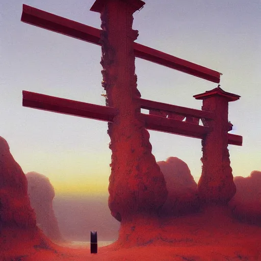 Image similar to A beautiful painting of A Torii!!!!! over a plain by Zdzisław Beksiński and Ilya Repin,In style of Post-Apocalyptic.digital art, illustration,hyper detailed,smooth, sharp focus,trending on artstation,oil on the canvas,4k