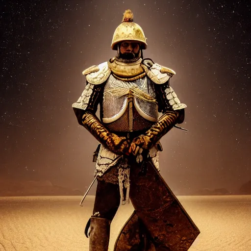 Prompt: illustration of a hussar in the desert, dust, natural lighting, suit of armor, details and intricate, photo realistic, winner of the year's best photo, symmetrical, high definition, artgasm, trending artstation