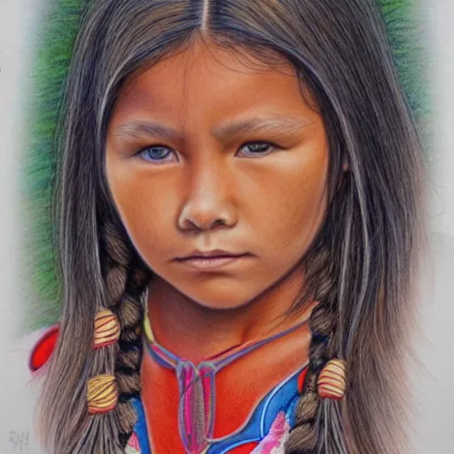 Prompt: a beautiful first nation girl, ultra detailed colored pencil drawing in style bellerose and desjarlais,