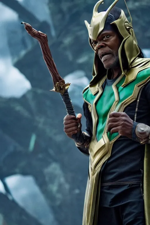 Image similar to film still of Samuel L Jackson as Loki, wearing Loki Helmet, wielding a powerful magical staff, in new Avengers film